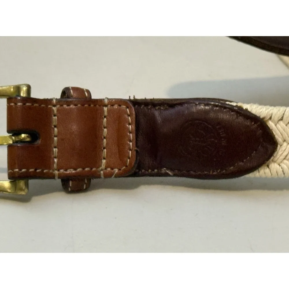 Vintage Torino brown leather belt 40 Solid Brass Buckle Woven‎ Beige Braided